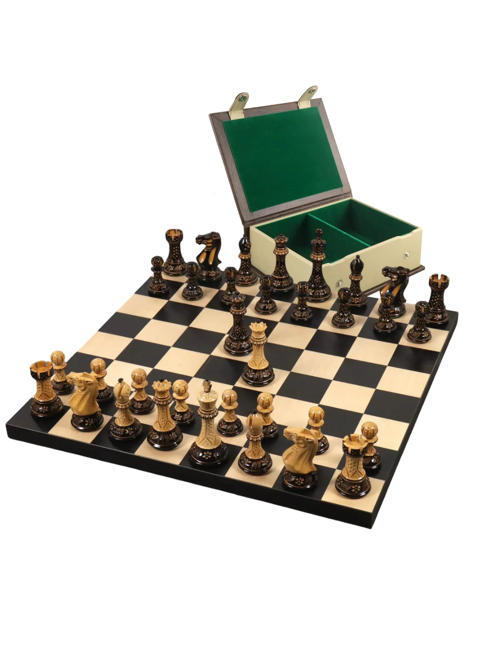 4" Professional Staunton Chess Set - Lacquered Burnt Boxwood Pieces with Board & Box